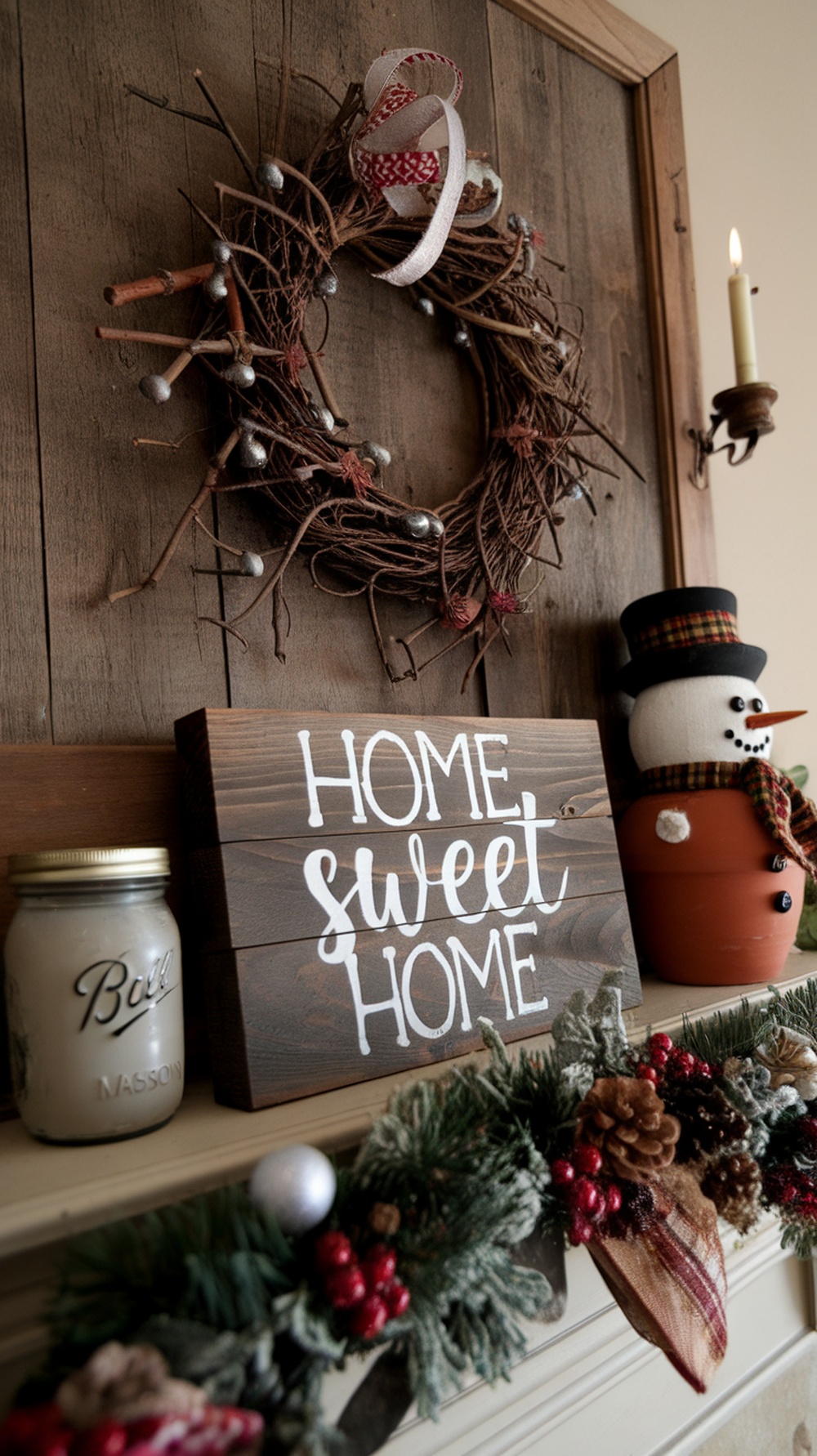 A decorated Christmas mantle featuring a wreath, a wooden sign, a snowman, and festive greenery.