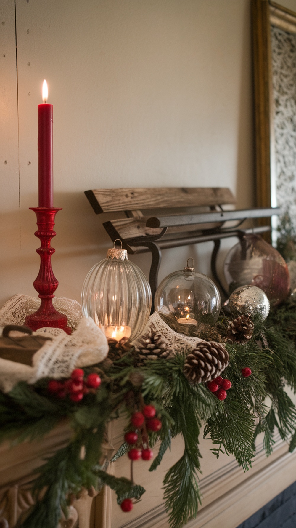 A vintage Christmas mantle decorated with a red candle, glass ornaments, pinecones, and greenery.