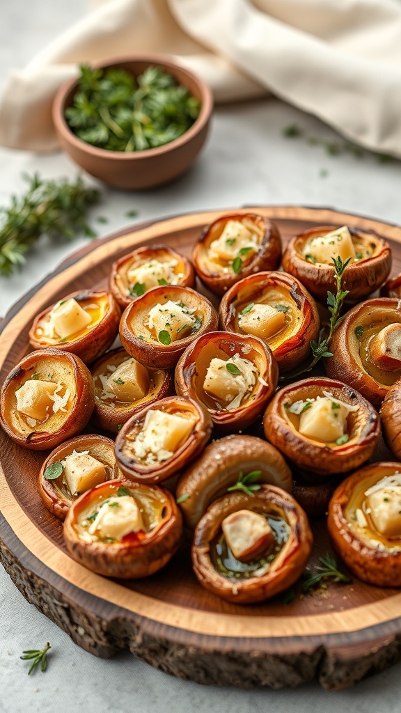 Garlic and Thyme Roasted Mushrooms Recipe Roasted mushrooms with garlic and thyme on a wooden platter, garnished with Parmesan cheese.