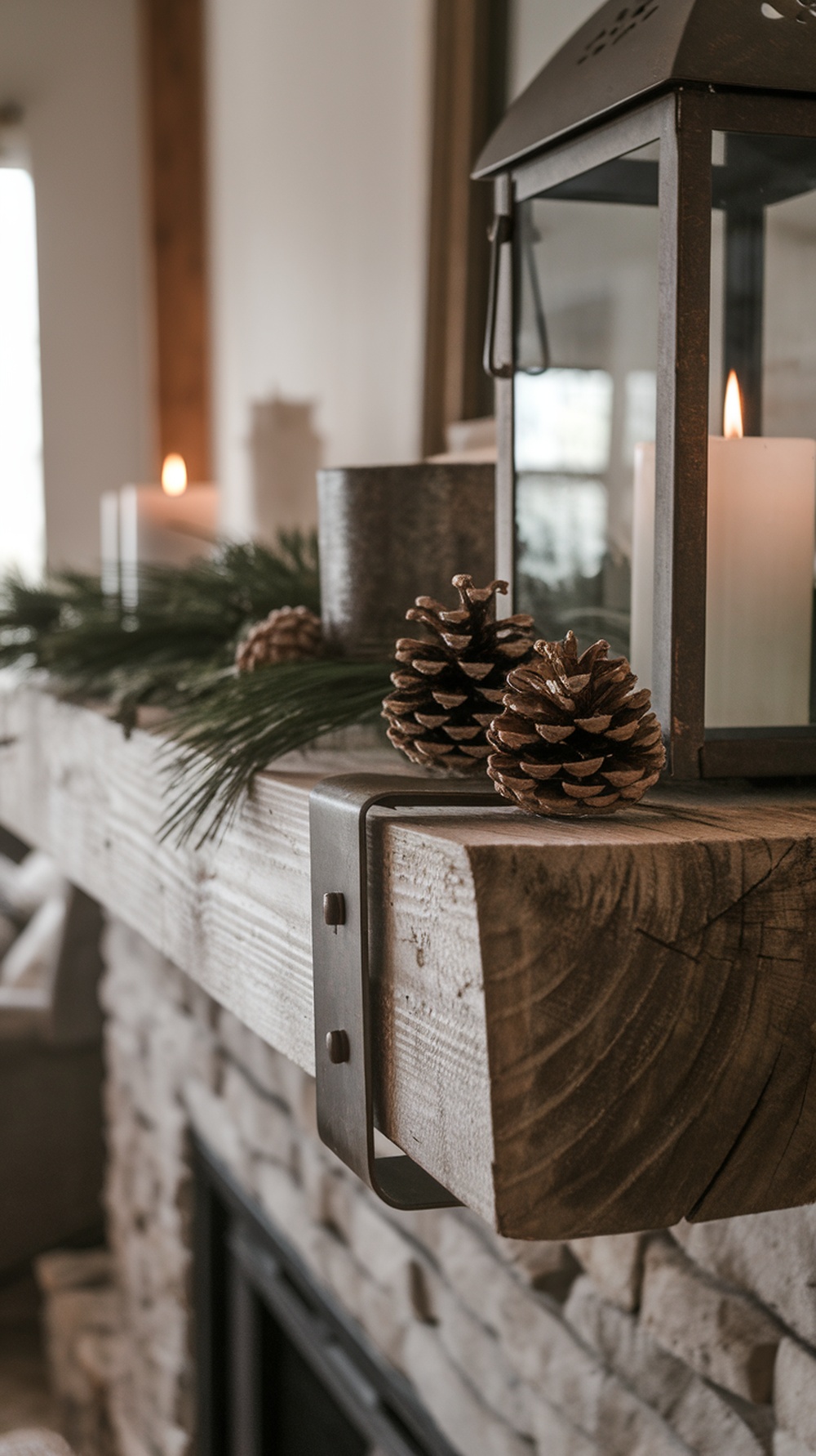 A rustic wooden mantle decorated with a metal lantern, pinecones, and greenery.