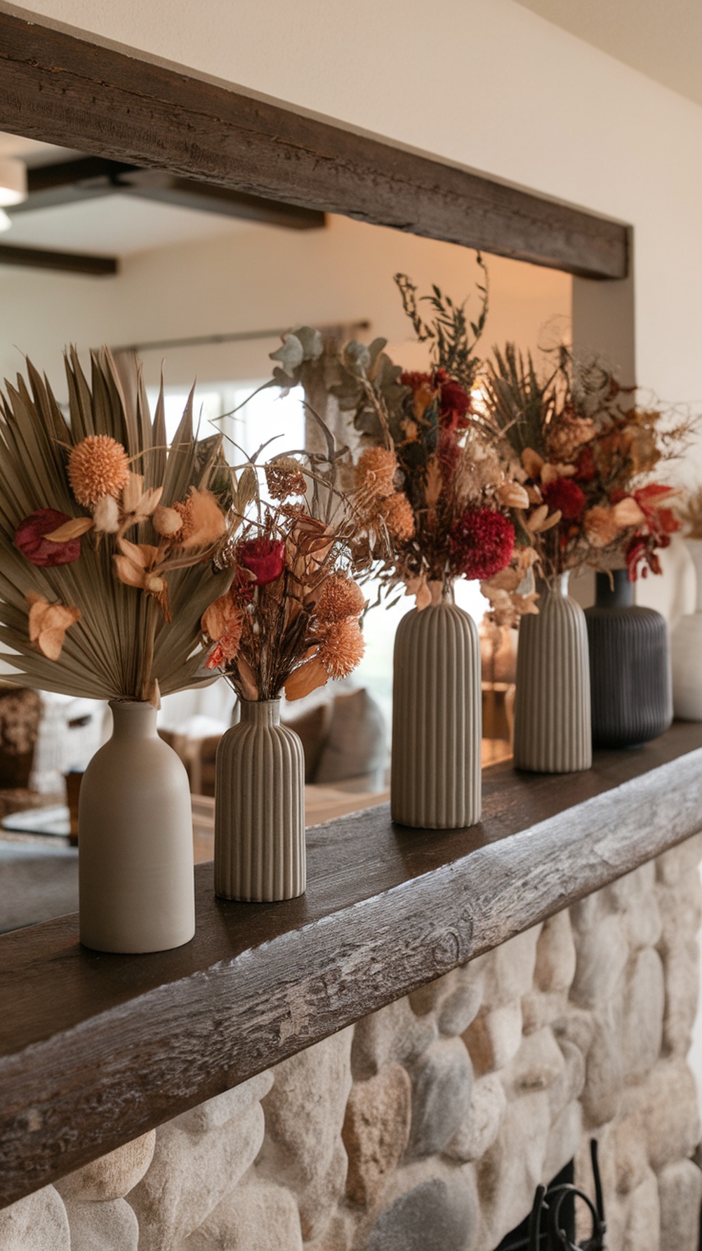 A beautiful display of dried floral arrangements in vases on a mantle, showcasing various colors and textures.