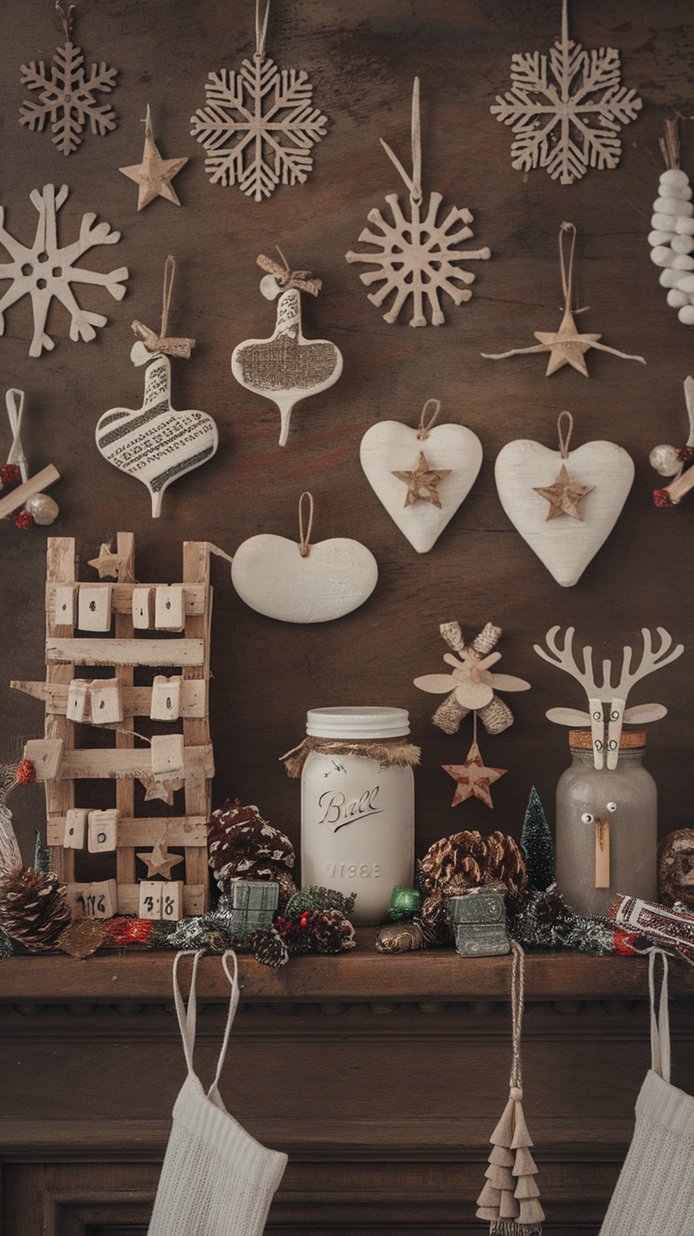 A beautifully decorated Christmas mantle featuring wooden ornaments, a mason jar, and white stockings.
