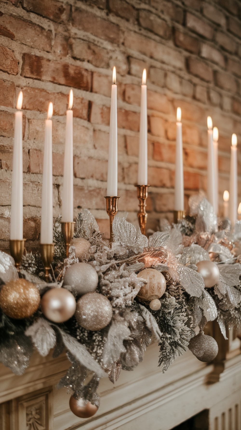 A beautifully decorated mantle with a garland featuring silver and gold accents, complemented by lit candles.