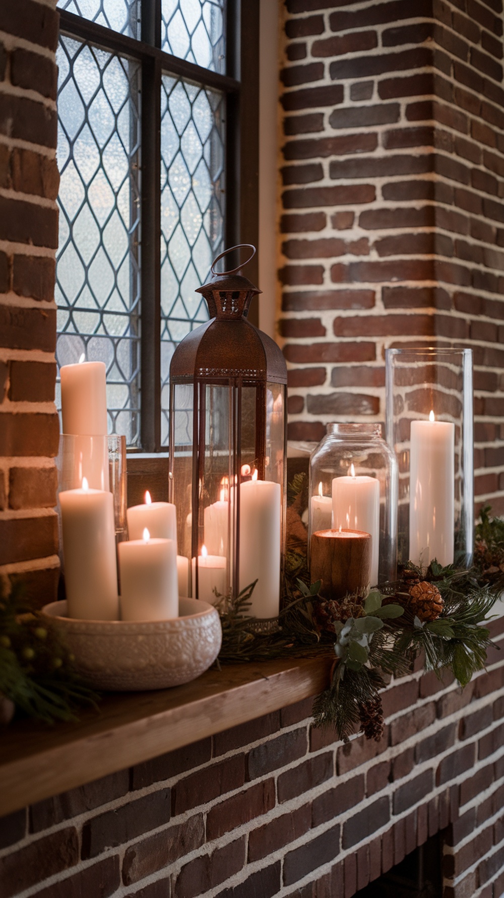 Candle arrangement on a mantle with various sizes and materials, surrounded by greenery.