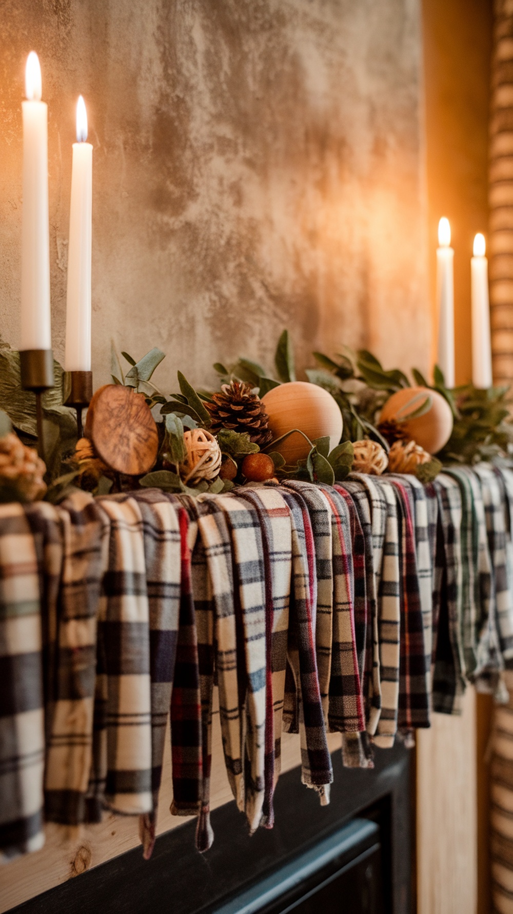 A cozy flannel and wool garland draped over a mantle, featuring plaid patterns, pinecones, and wooden ornaments, with candles on either side.