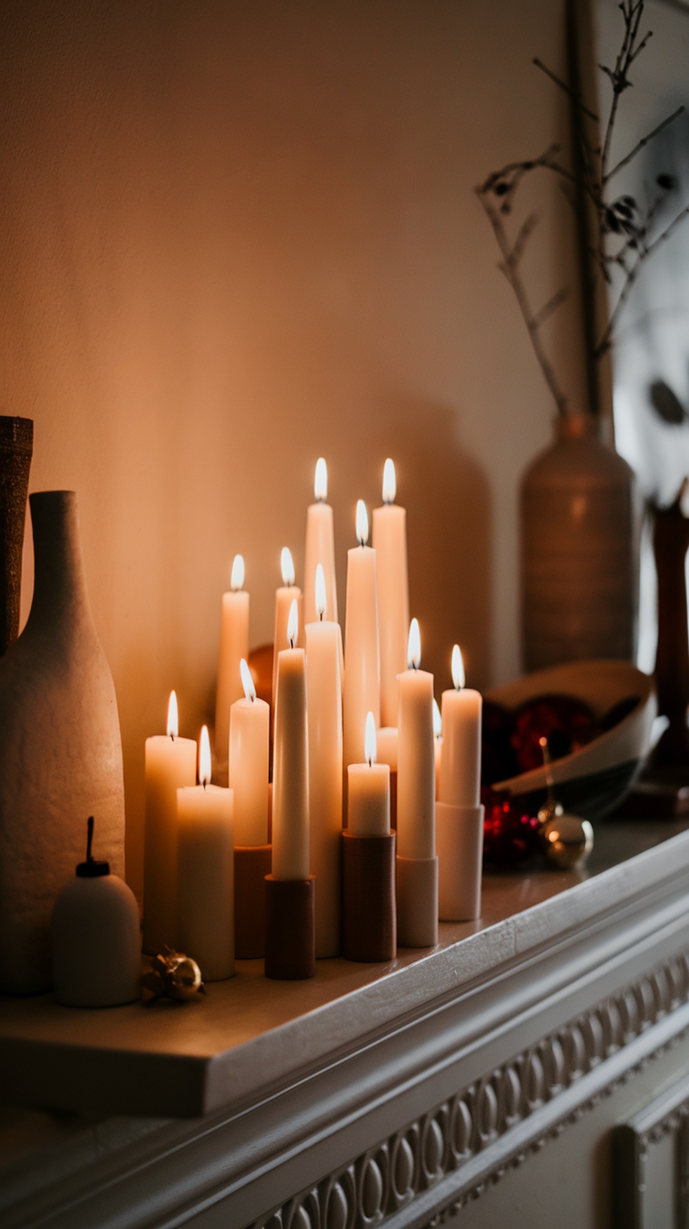 A cozy arrangement of candles on a mantle, creating a warm and inviting atmosphere.