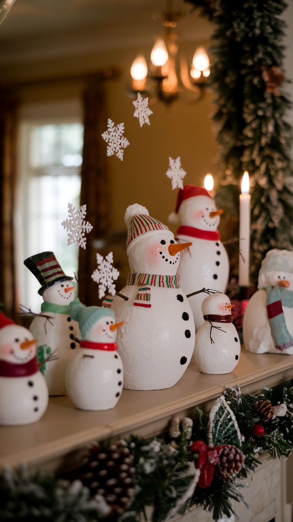 A collection of whimsical snowman figures on a mantle, surrounded by snowflakes and candles.