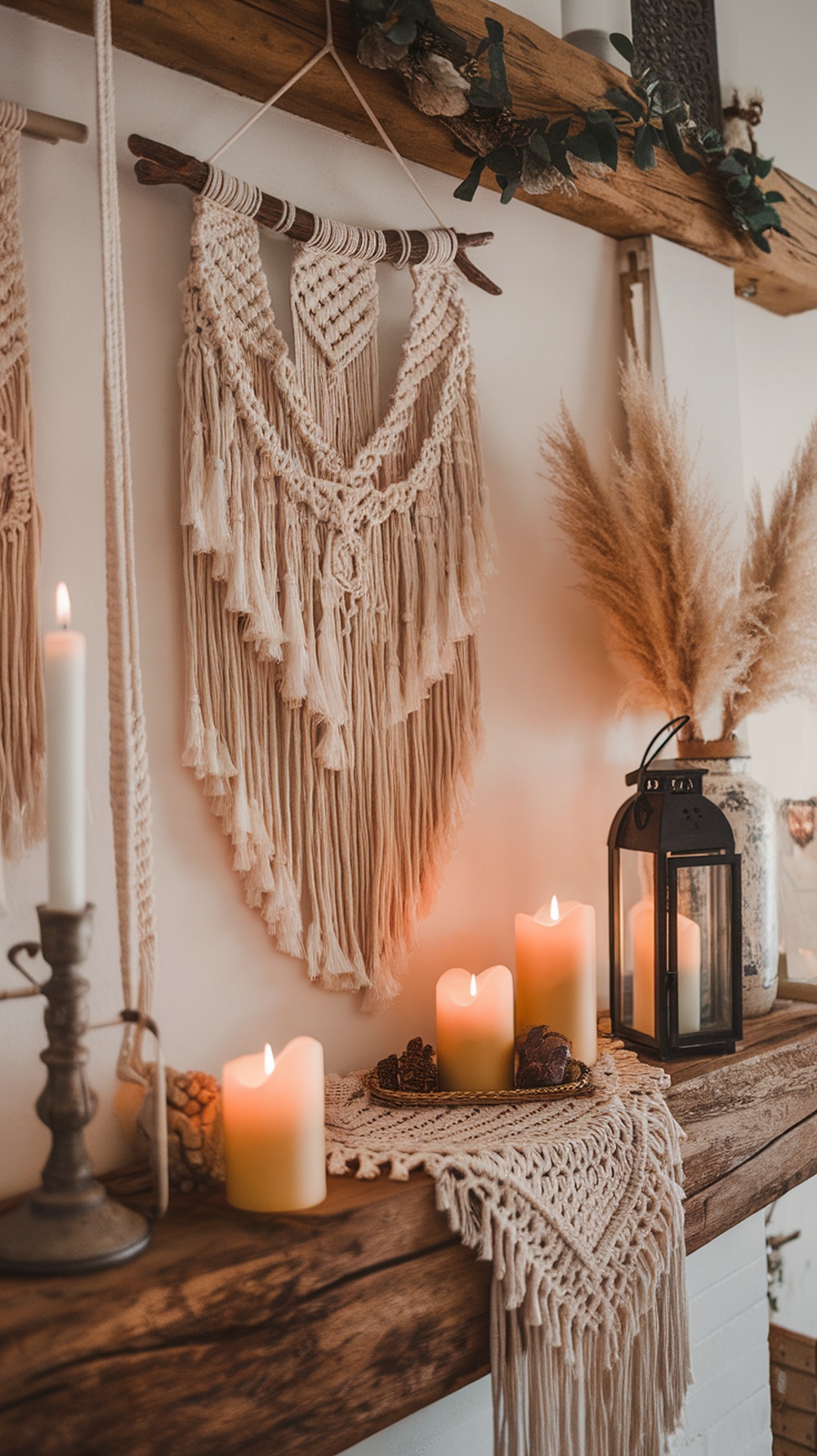 Boho Christmas mantle decor A beautifully decorated mantle featuring macrame hangings, candles, and natural elements.