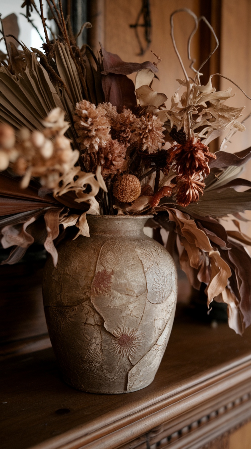 A rustic vase filled with dried flowers, showcasing warm earthy tones, placed on a wooden mantle.