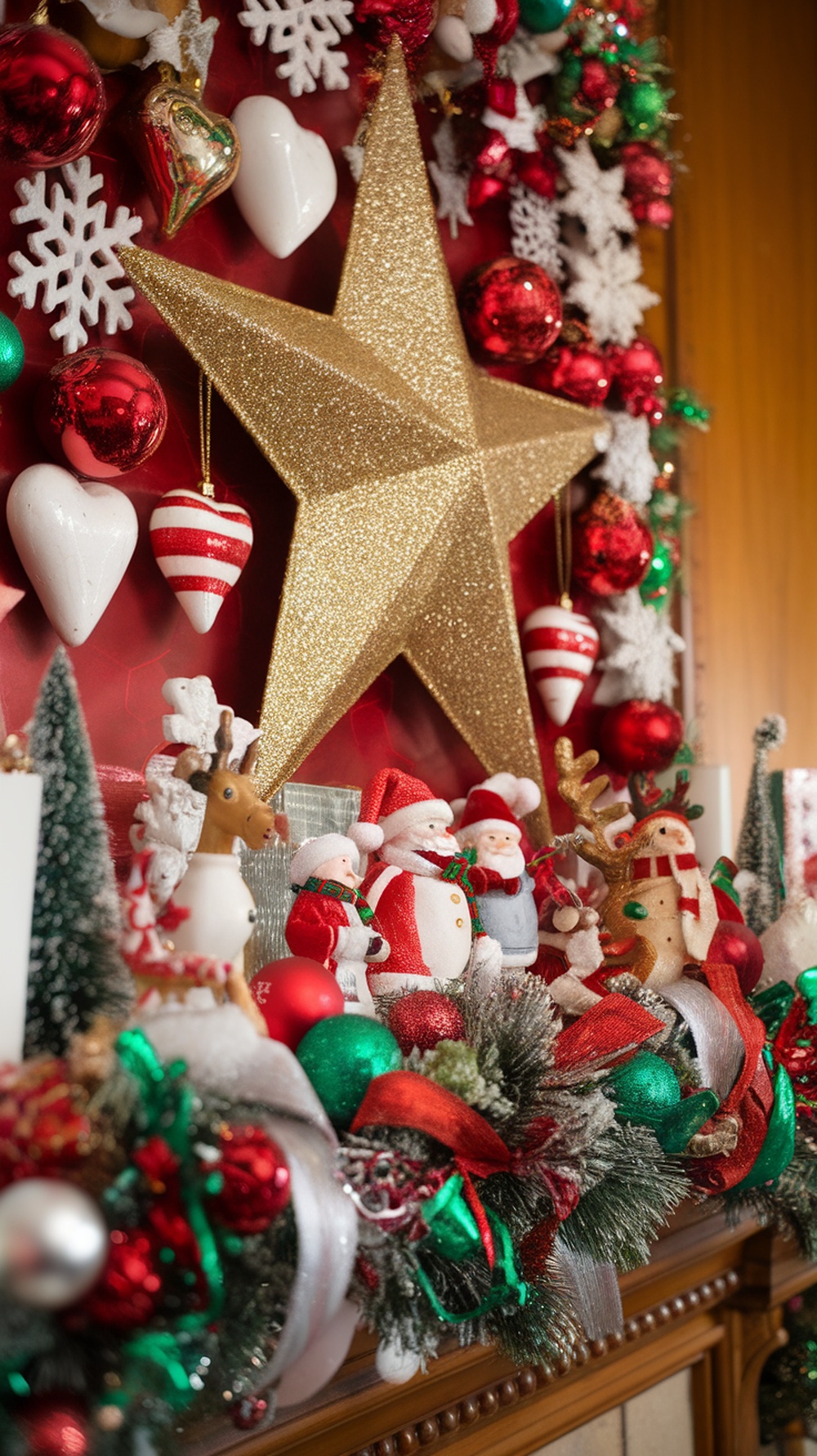 A colorful Christmas mantle decorated with a large golden star, Santa figures, reindeer, and vibrant ornaments.