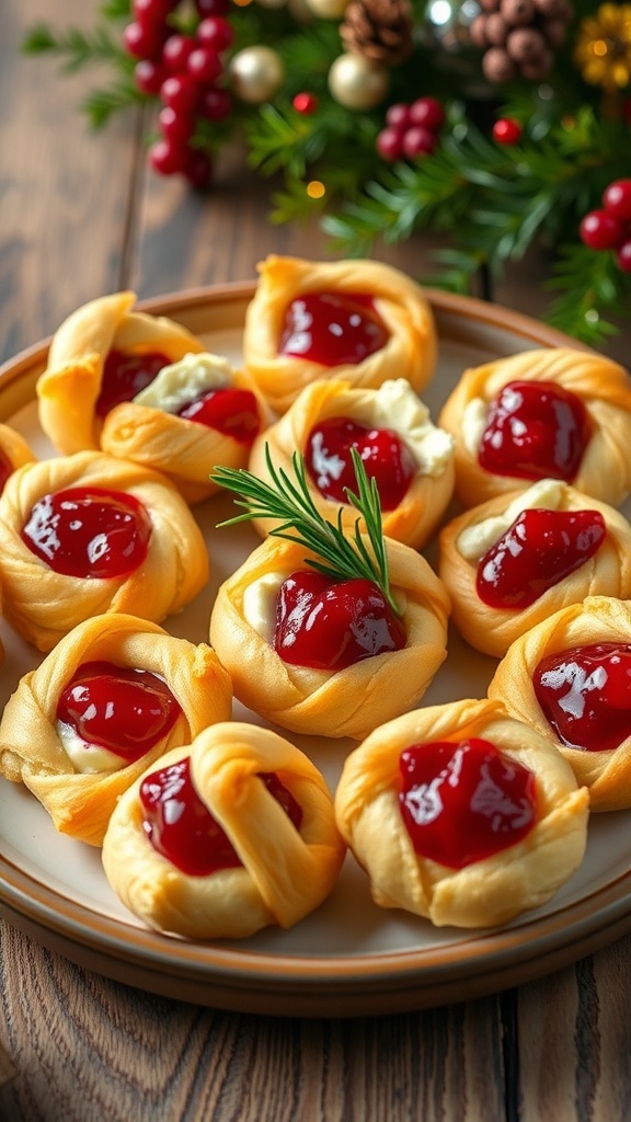 Mini Puff Pastry Cranberry Brie Twists Recipe Golden puff pastry twists filled with brie and cranberry sauce, garnished with rosemary on a rustic table.
