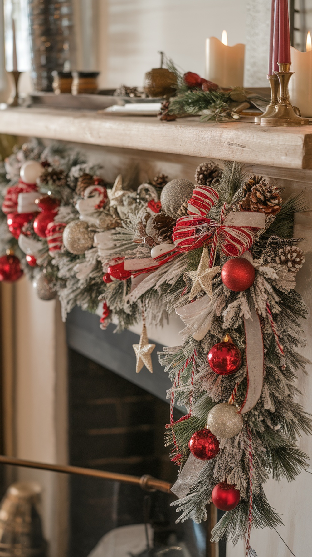 A beautifully decorated fireplace mantle with a festive garland featuring red and silver ornaments, pinecones, and ribbons.