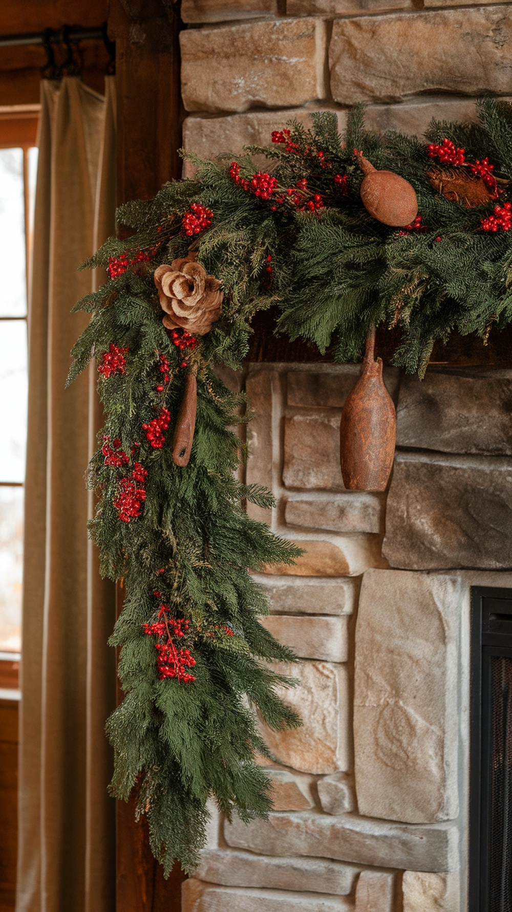 A rustic mantle decorated with an evergreen garland featuring red berries and wooden ornaments.