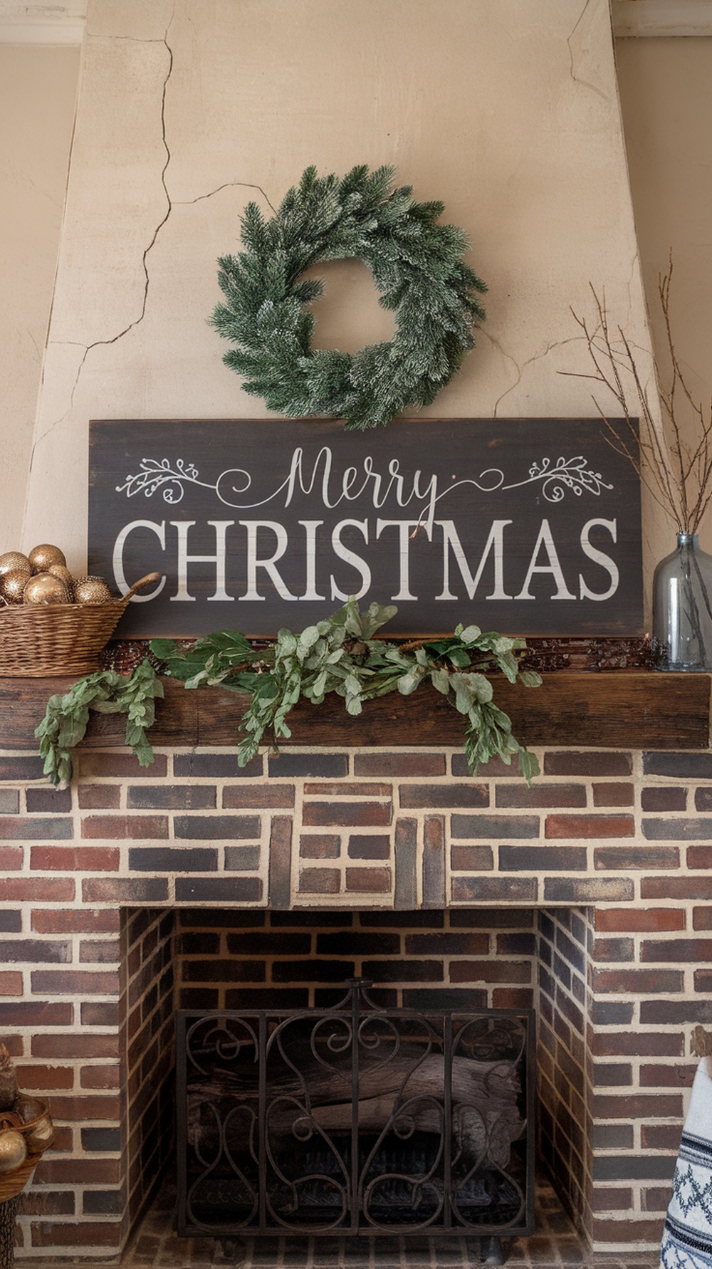 A rustic Christmas mantle with a wooden sign that says 'Merry Christmas', a green wreath, and a garland of greenery.