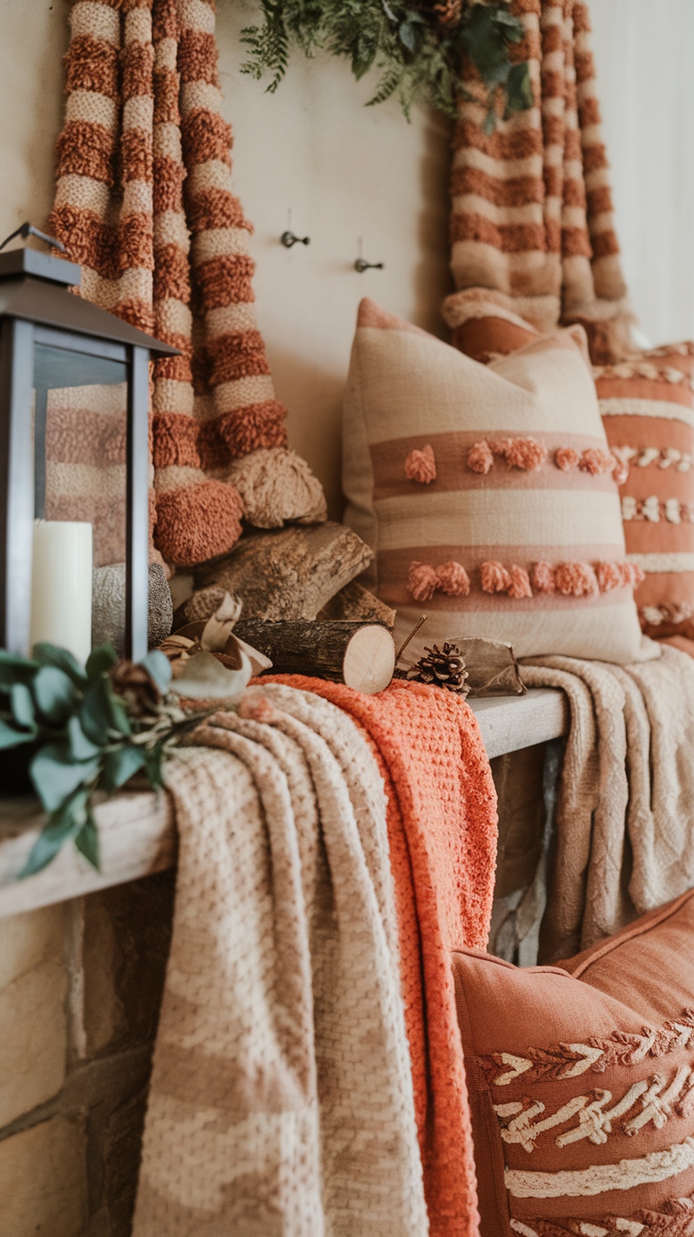 A cozy mantle decorated with warm textiles, including throws and pillows in earthy tones.