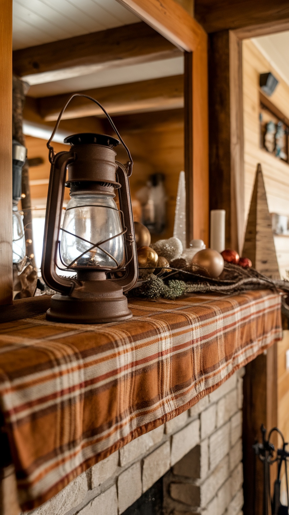 A cozy cabin mantle decorated with a vintage lantern, plaid fabric, and festive ornaments.