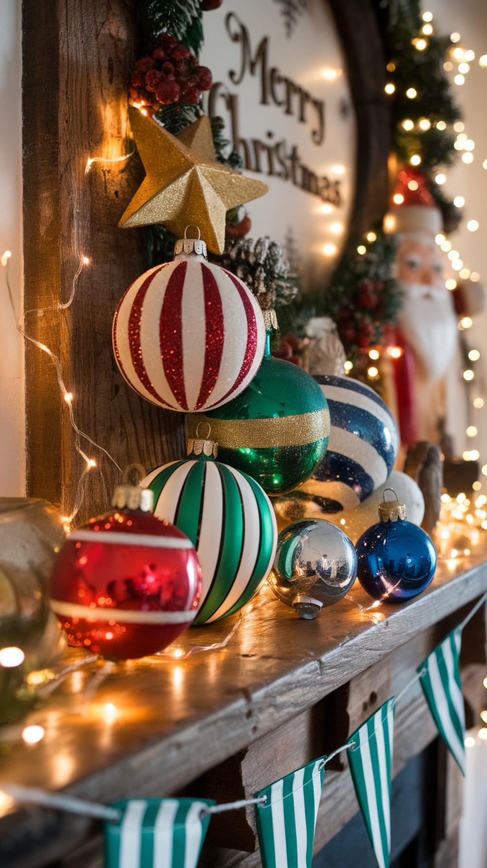 A collection of vintage Christmas ornaments in various colors and designs, displayed on a mantle with soft lighting.