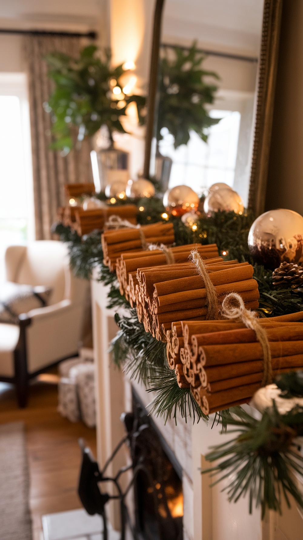 A rustic Christmas mantle decorated with bundles of cinnamon sticks, greenery, and ornaments.