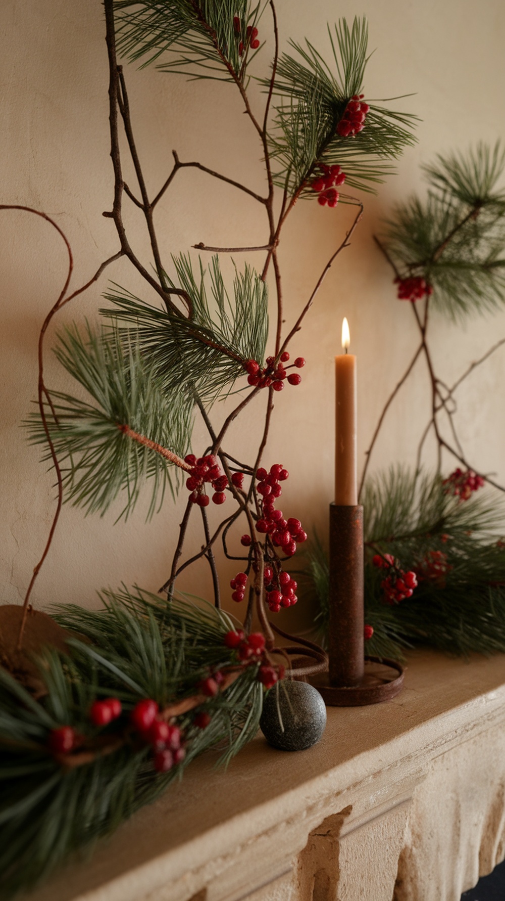 A decorated mantle with pine branches, red berries, and a lit candle.