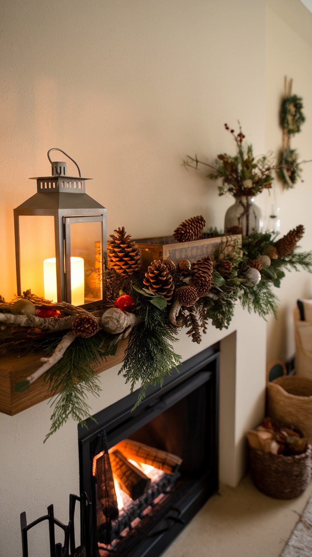 A cozy mantle decorated with pinecones, greenery, and a lantern, creating a warm winter atmosphere.