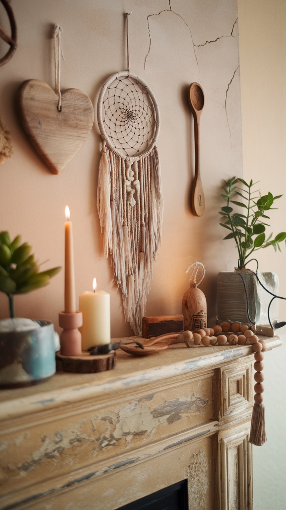 A cozy Christmas mantle decorated with a dreamcatcher, candles, wooden ornaments, and greenery.