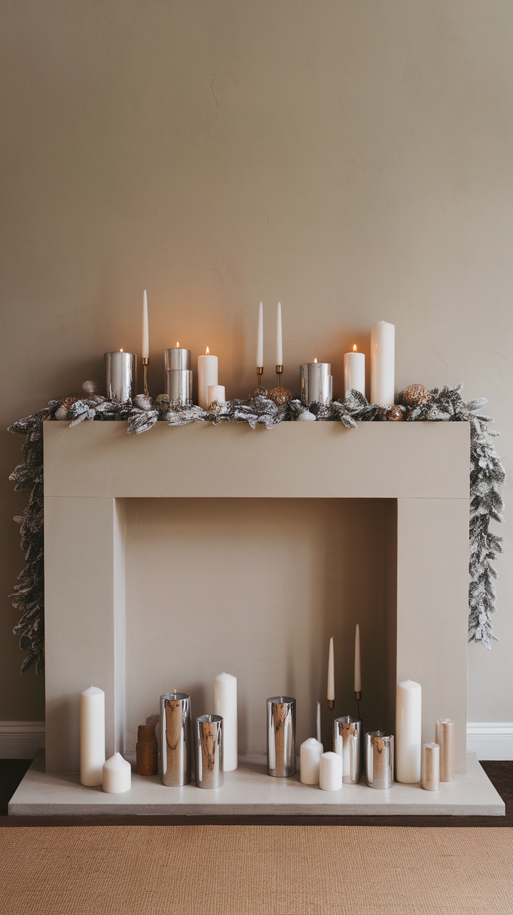 A minimalist Christmas mantle decorated with white and silver candles and a frosted garland.