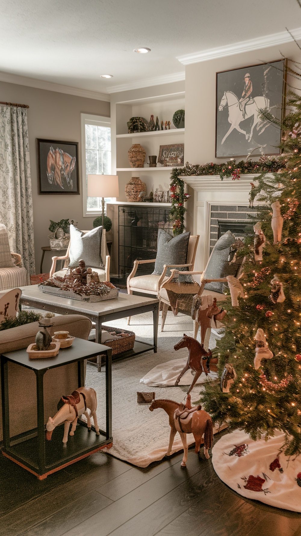 A cozy living room decorated for Christmas with equestrian-themed accents, including horse figurines and a beautifully adorned Christmas tree.
