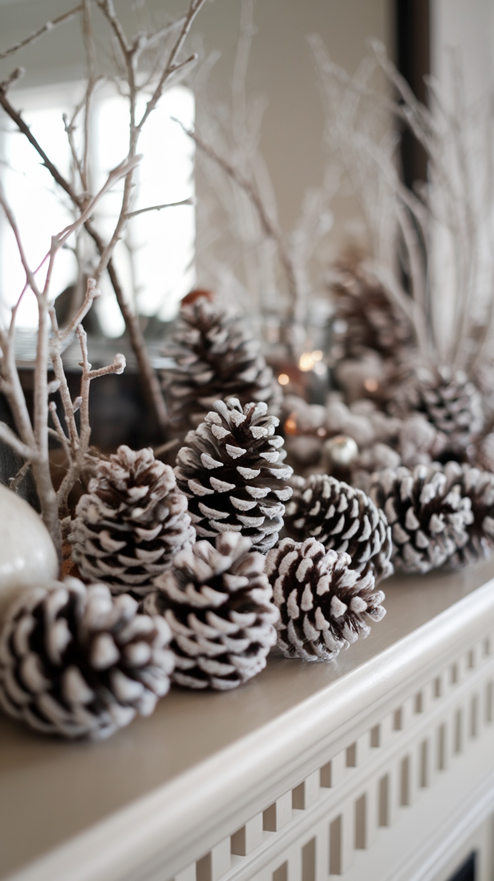 A decorative mantle featuring frosted pine cones and twigs, creating a cozy winter atmosphere.