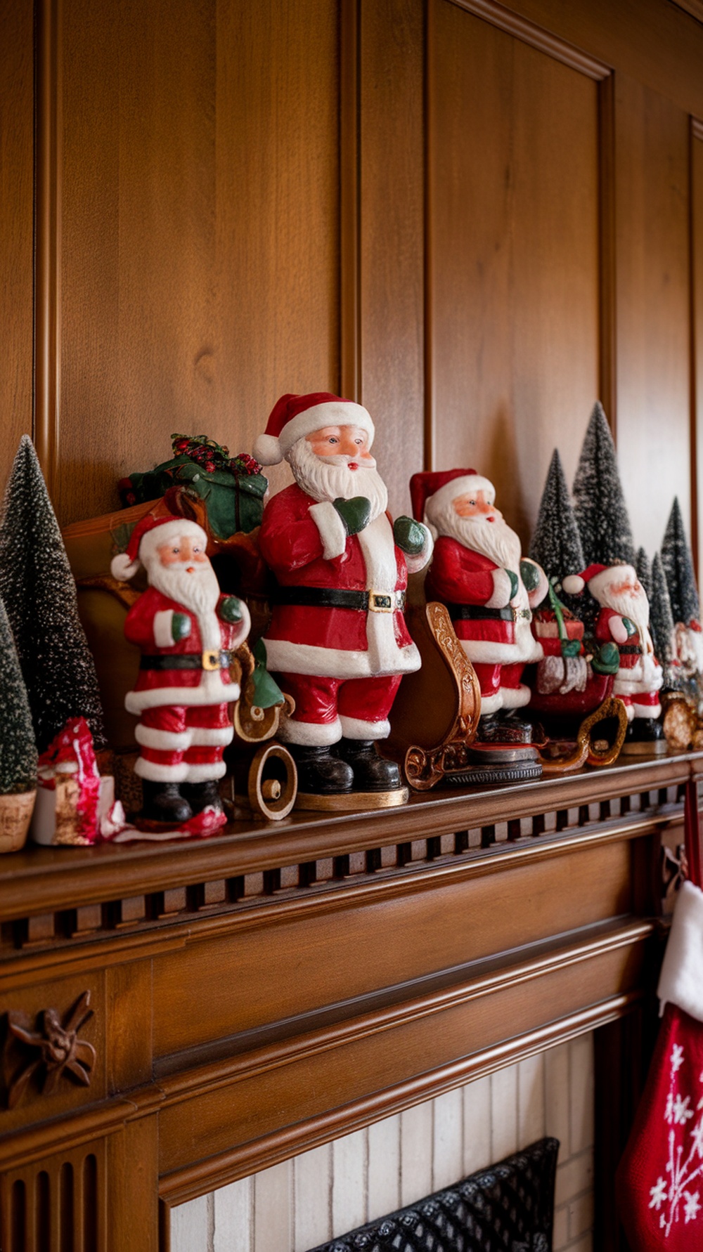 A festive mantle decorated with Santa figurines and Christmas trees.