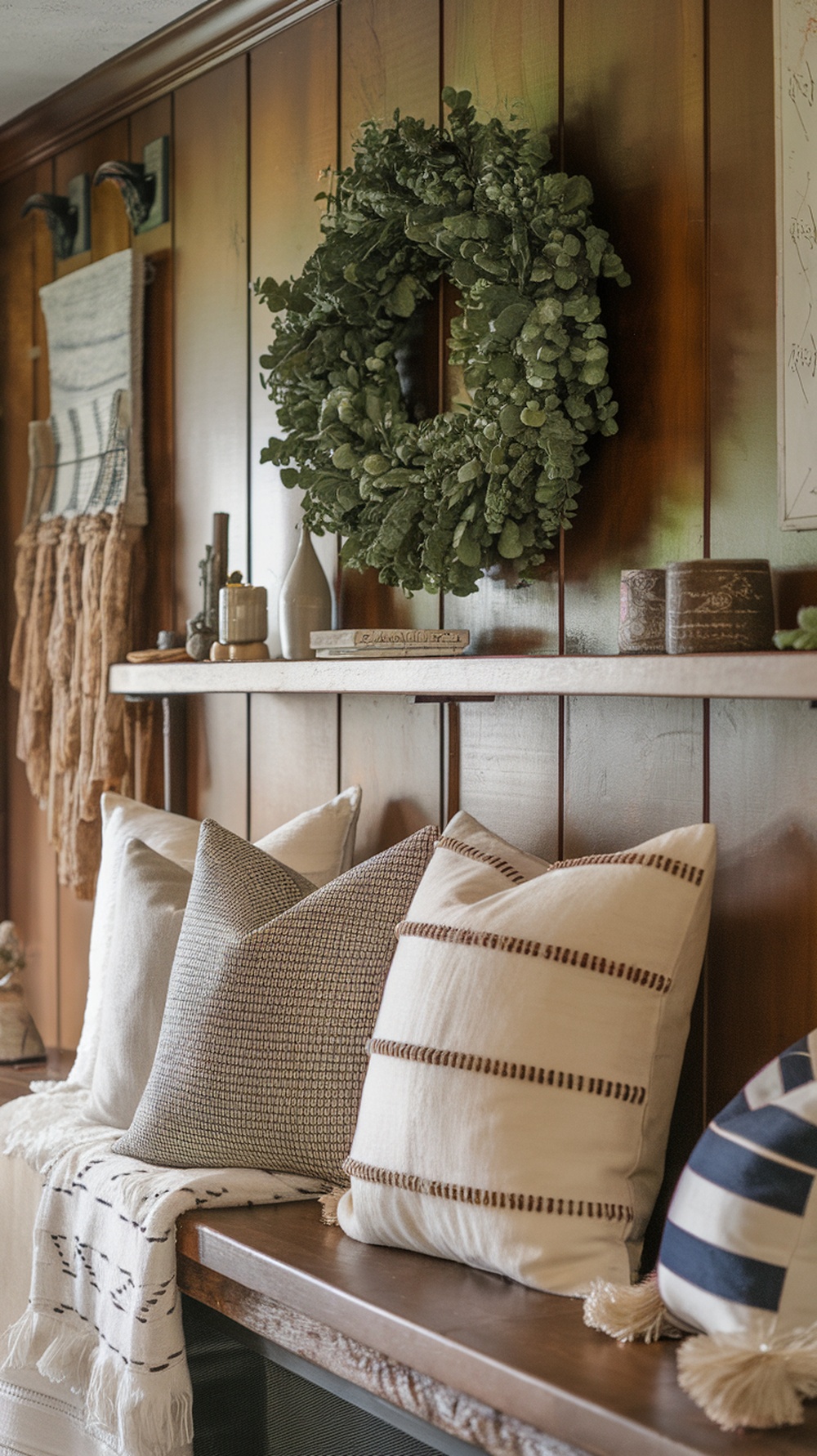 A cozy Christmas mantle decorated with layered throws and pillows, featuring a green wreath on the wall.