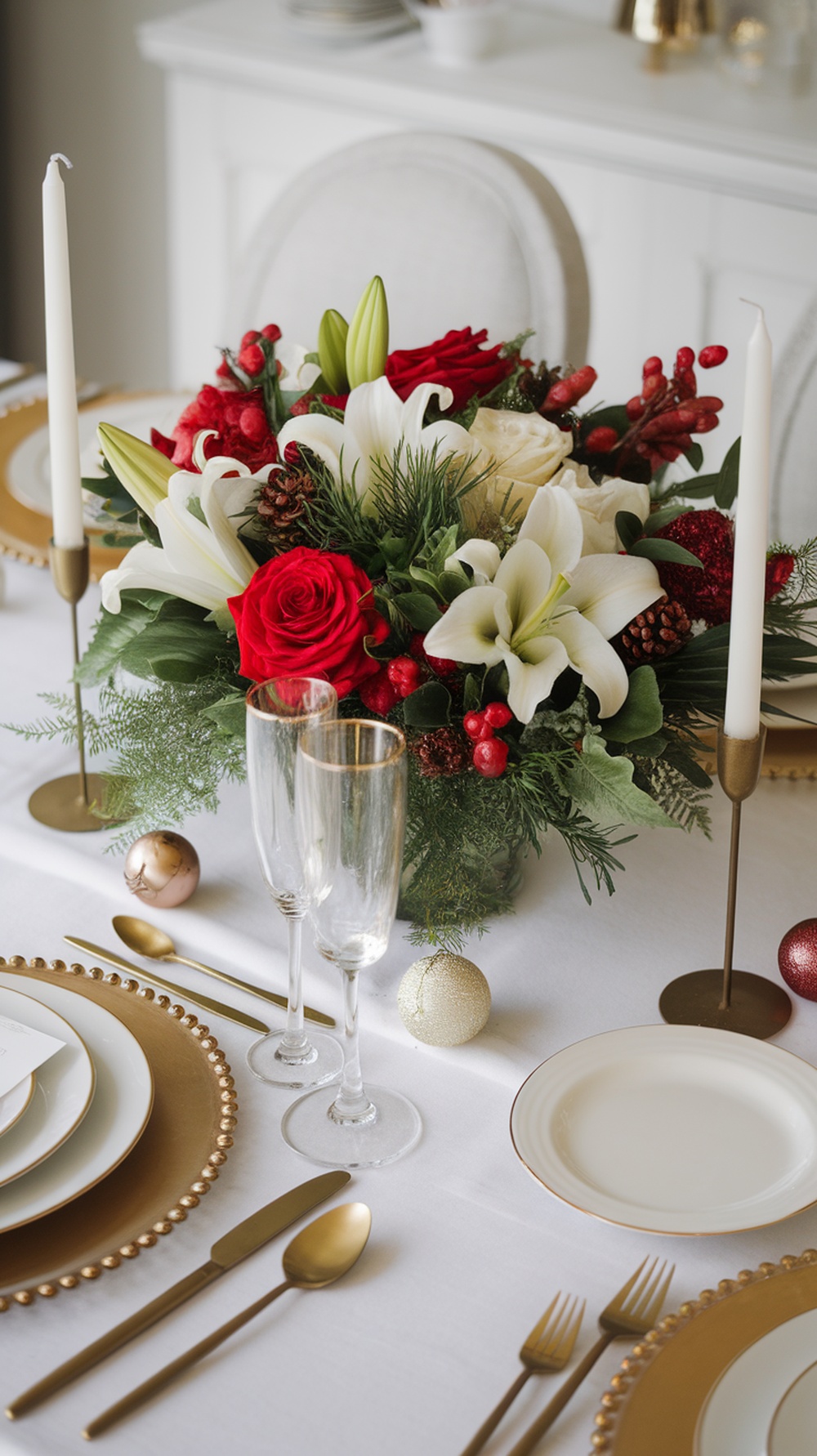 A chic holiday table setting featuring a floral centerpiece with red roses, white lilies, and greenery, complemented by gold tableware and festive ornaments.