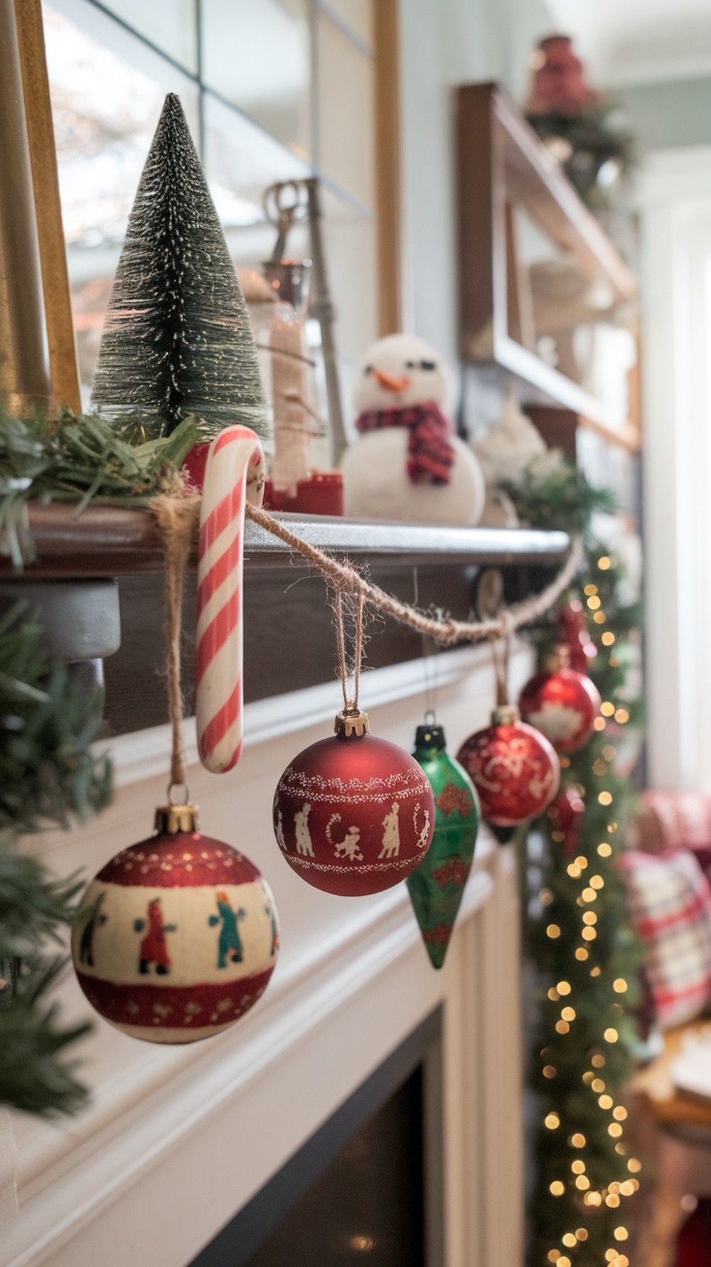 Vintage Christmas ornament garland hanging on a mantle with a candy cane and a snowman in the background.