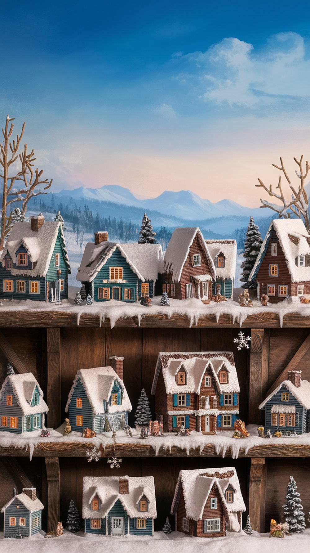 A snowy village scene with miniature houses on a wooden shelf, surrounded by a winter landscape.