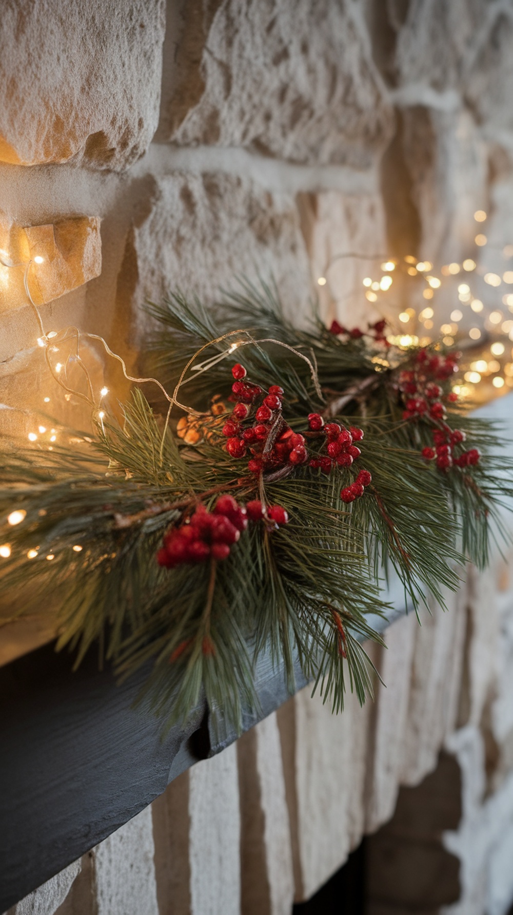 A beautifully decorated fireplace mantle with natural pine, red berries, and twinkling lights.