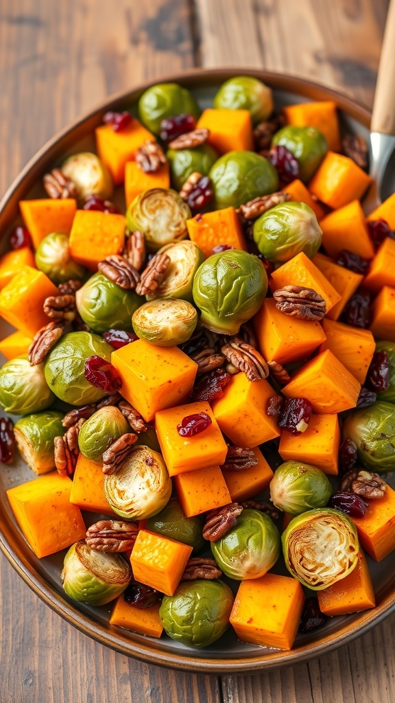Roasted Butternut Squash and Brussels Sprouts with Pecans and Cranberries