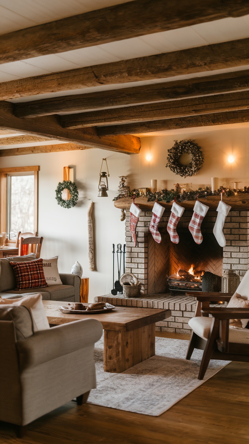 Cozy cabin living room with a fireplace decorated for Christmas, featuring stockings, a wooden table, and rustic decor.