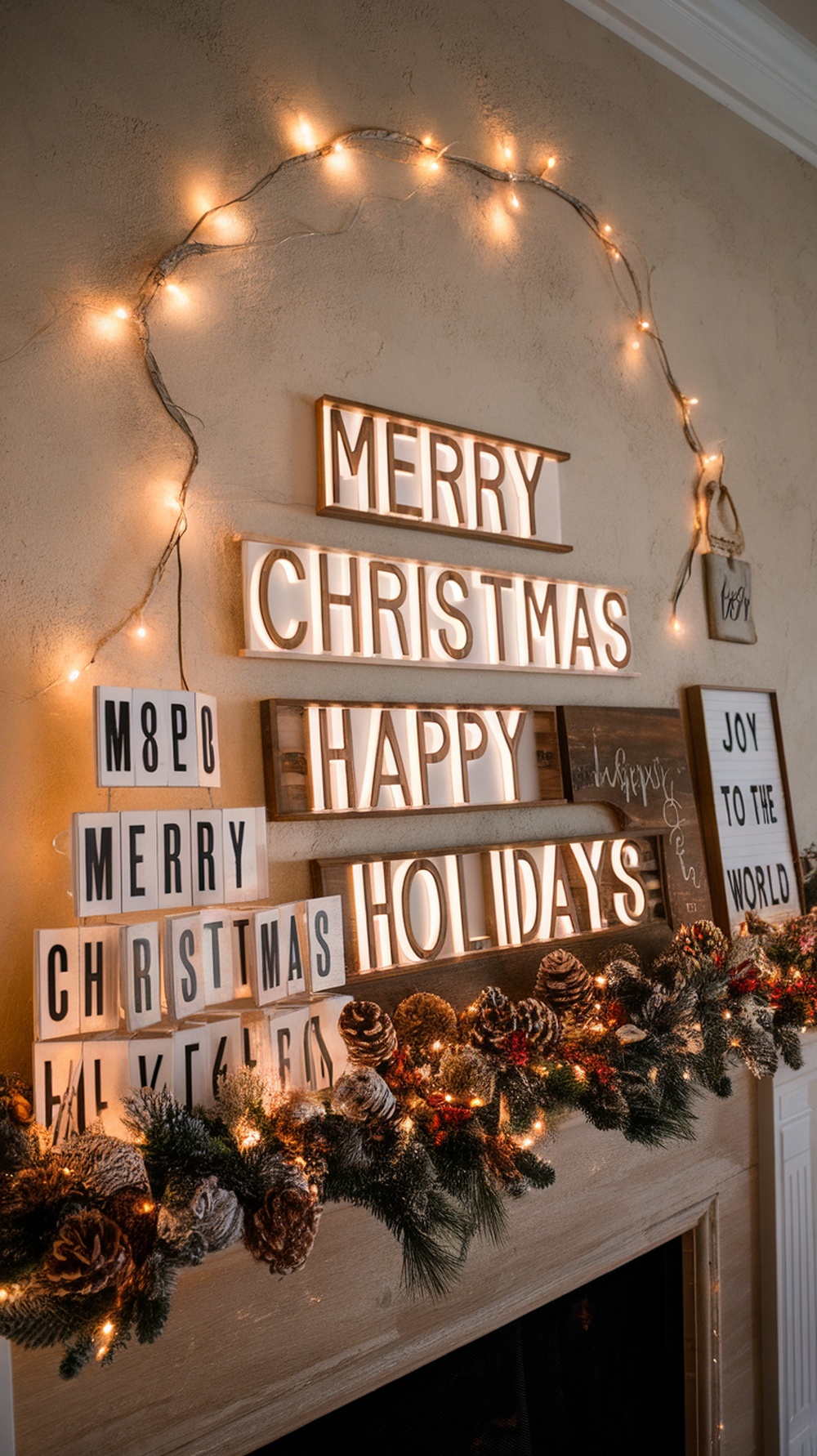 A Christmas mantle decorated with illuminated signs spelling 'MERRY CHRISTMAS' and 'HAPPY HOLIDAYS', surrounded by festive garlands and lights.