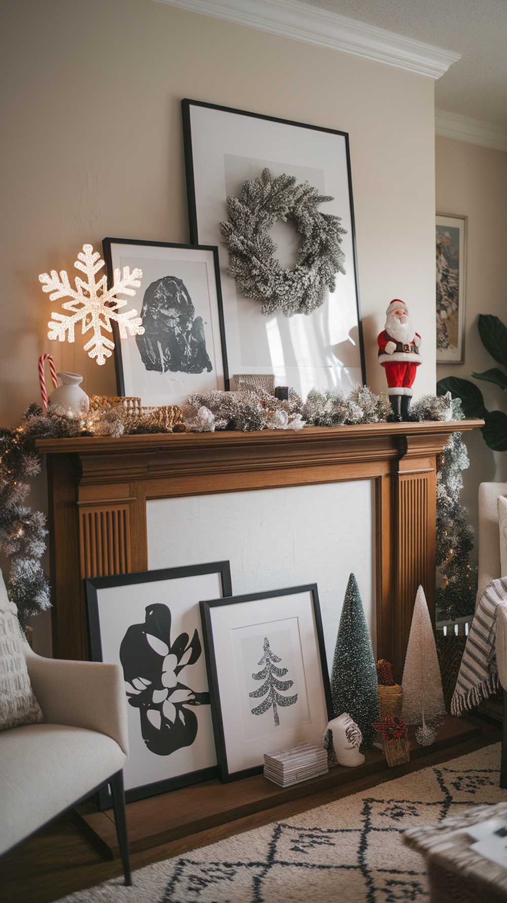 A beautifully decorated fireplace mantle with holiday-themed artwork, including a wreath, framed prints, and festive decorations.