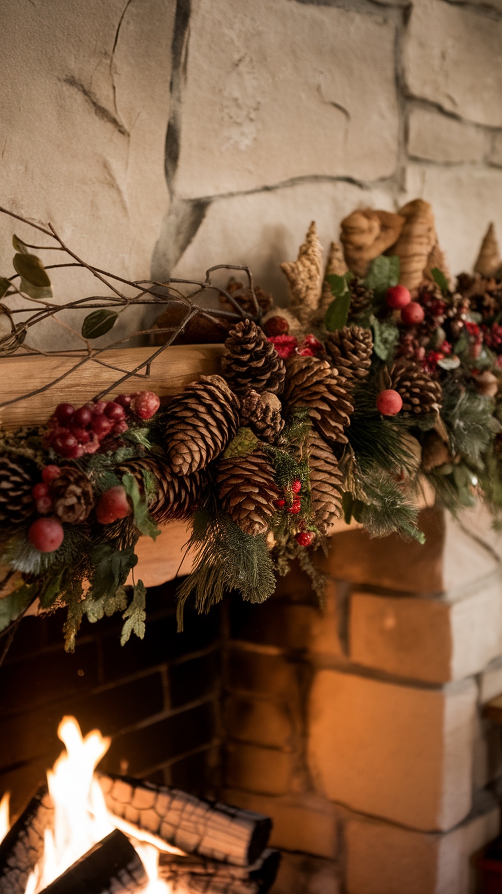 A beautiful pinecone garland decorated with greenery and berries on a mantle above a fireplace.