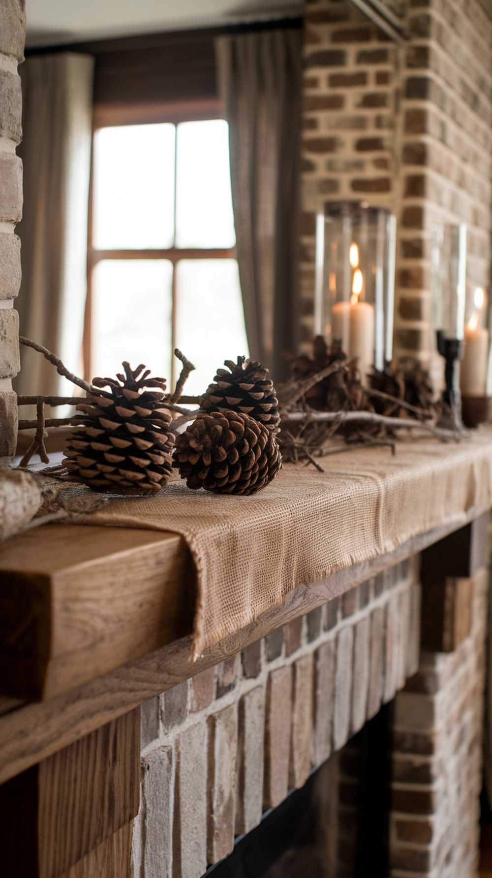 A rustic mantle decorated with pinecones, branches, and candles, creating a warm holiday atmosphere.