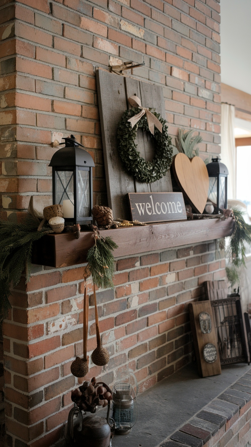 A vintage-inspired Christmas mantle decorated with a wreath, lanterns, and natural elements.