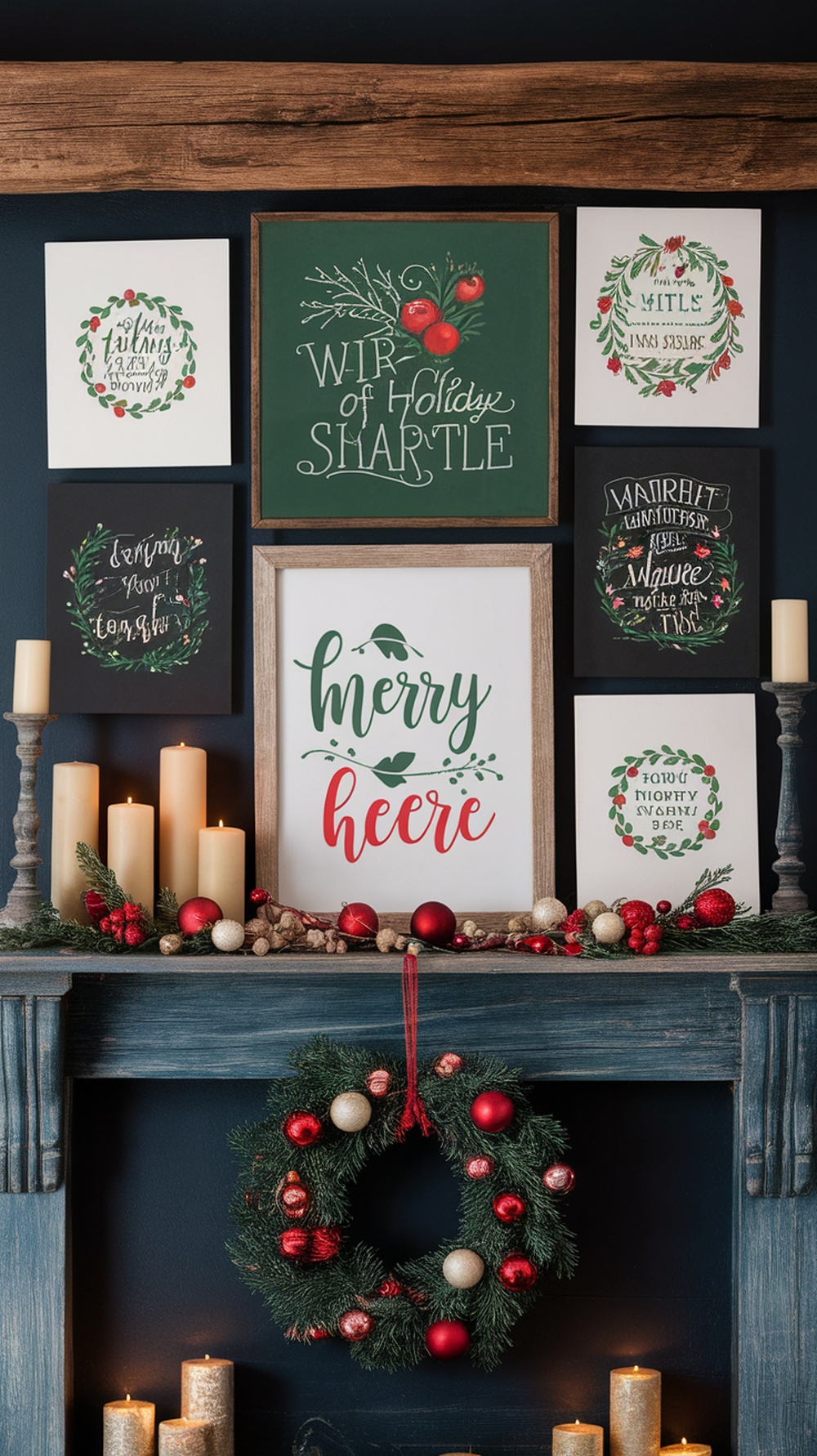 A Christmas mantle decorated with festive wall art, prints, candles, and a wreath.