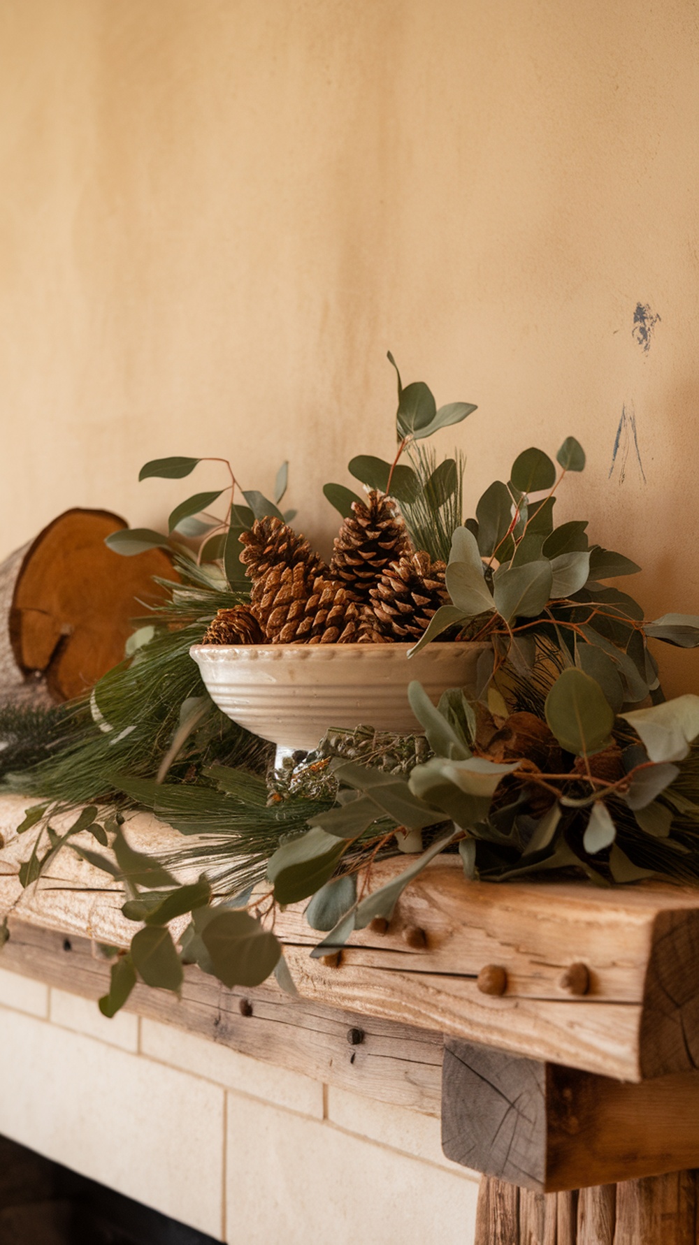 A rustic fireplace mantle decorated with pinecones, eucalyptus, and wooden elements.