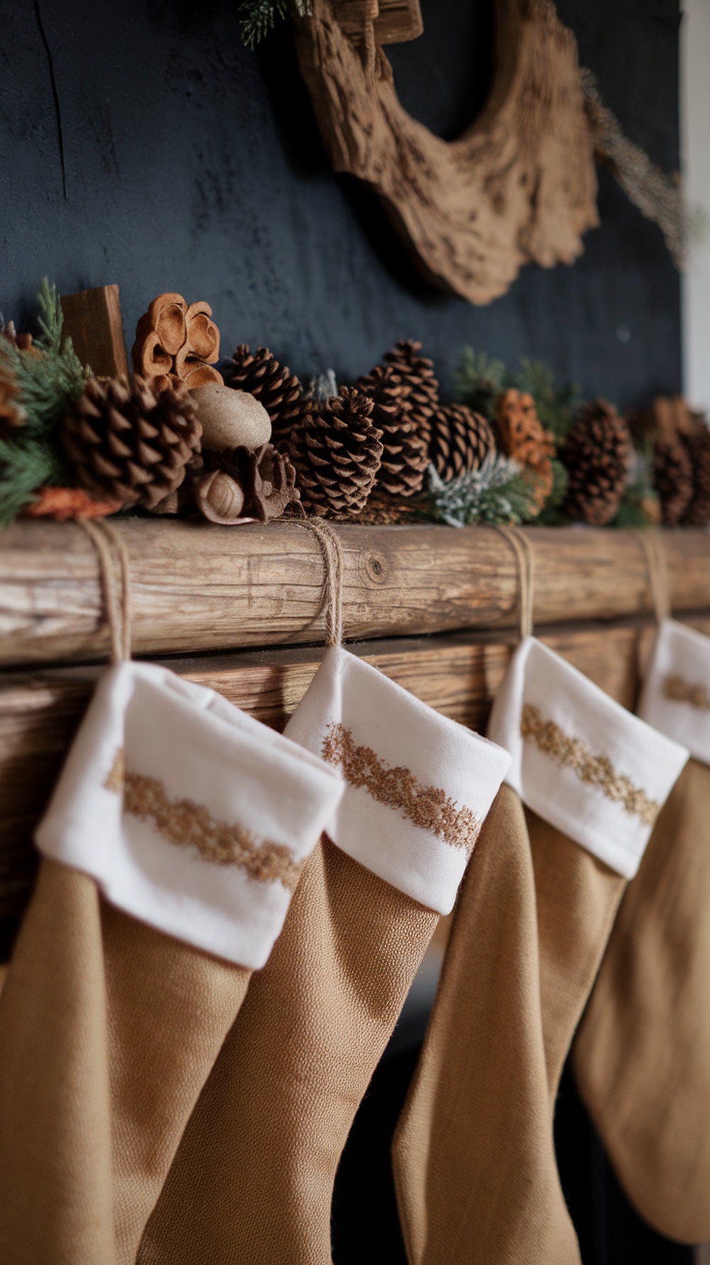 A rustic Christmas mantle decorated with pinecones, greenery, and stockings.
