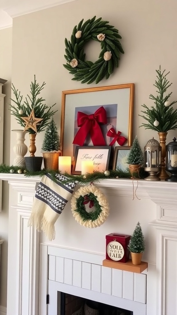 A beautifully decorated Christmas mantle featuring a family photo, fairy lights, ornaments, and stockings.