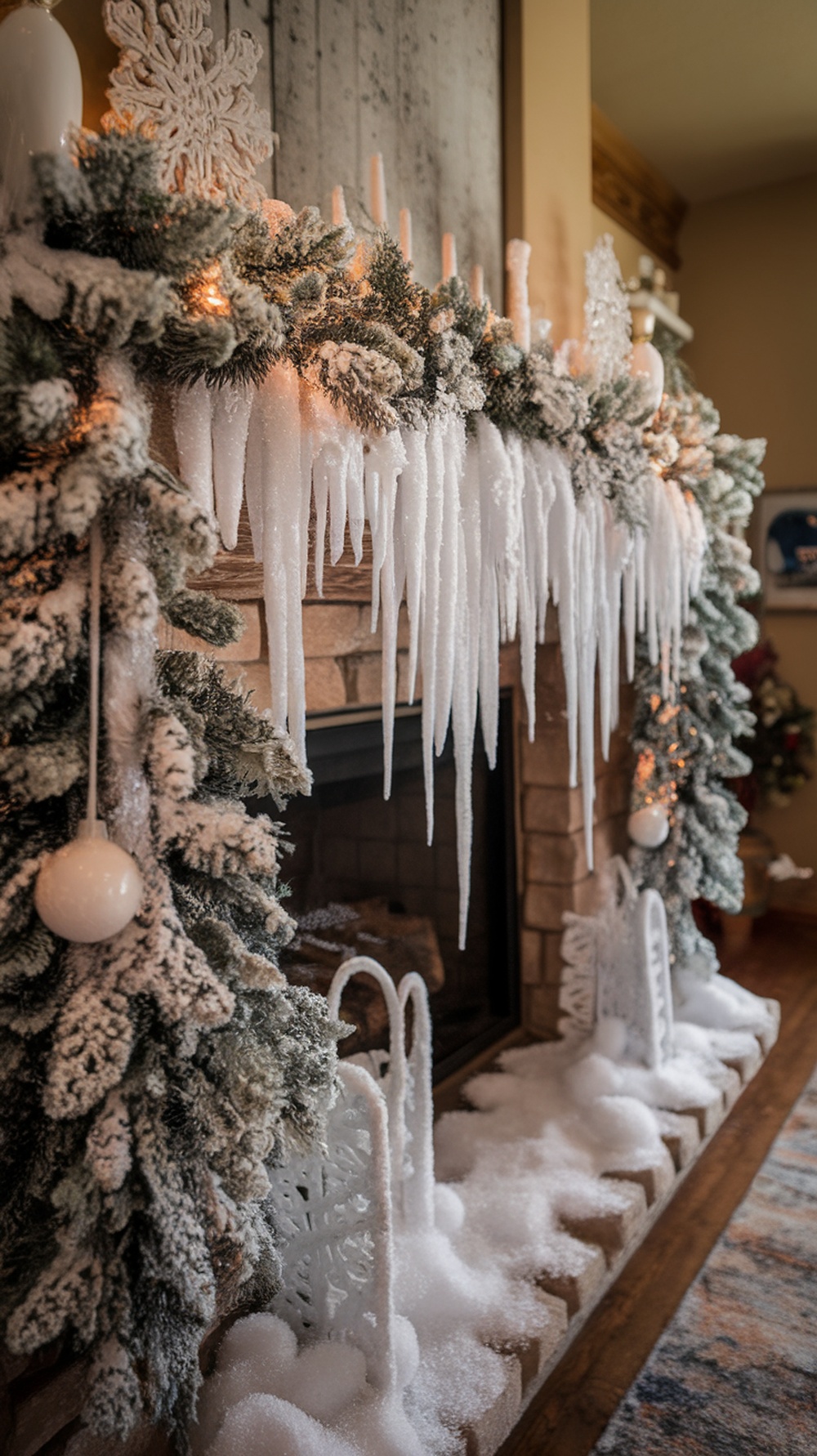 A beautifully decorated fireplace mantle with snowy decor, icicles, and frosted greenery.