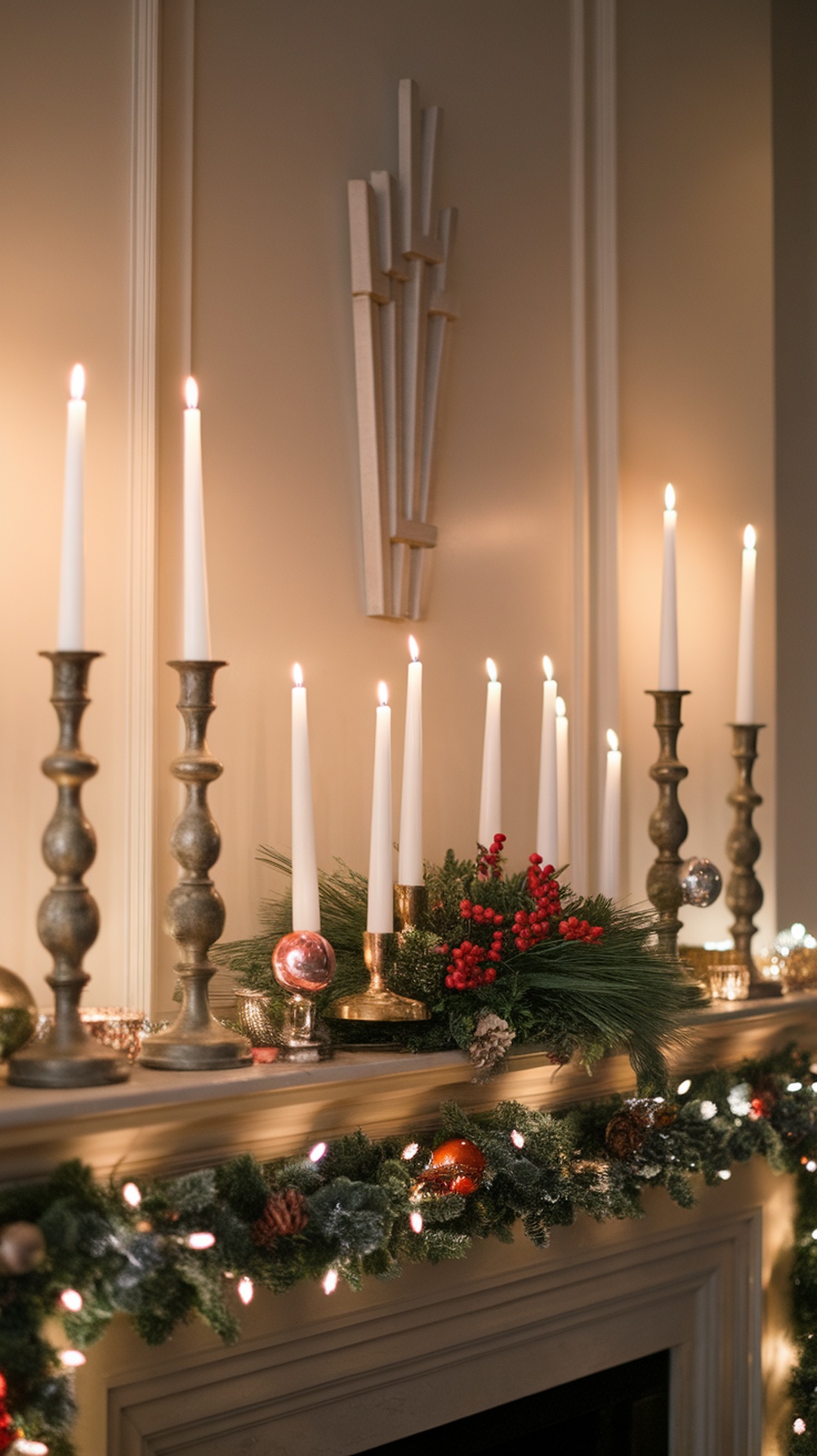 A beautifully decorated Christmas mantle with tall white candles, greenery, and ornaments.