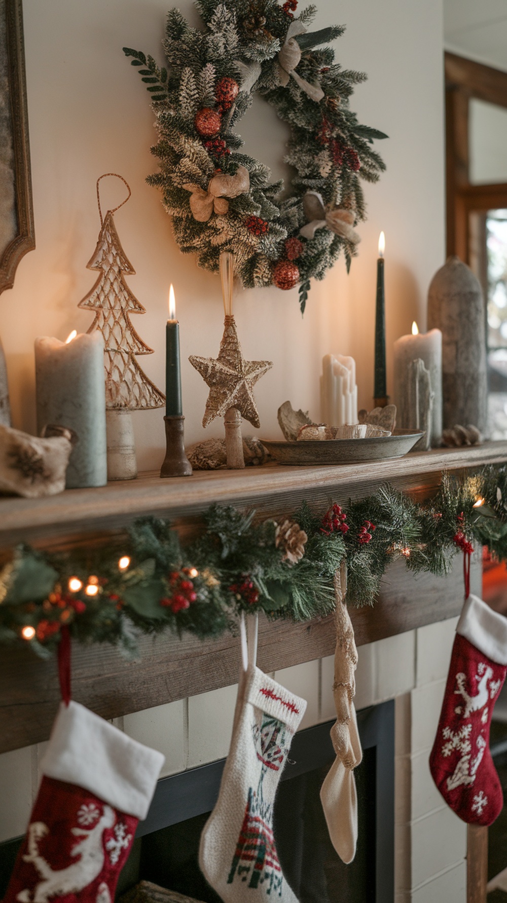 A rustic Christmas mantle decorated with a wreath, candles, and homemade ornaments.