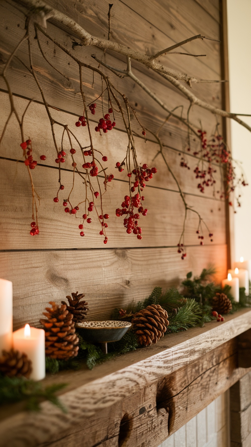 A rustic Christmas mantle decorated with branches, red berries, pinecones, and candles.
