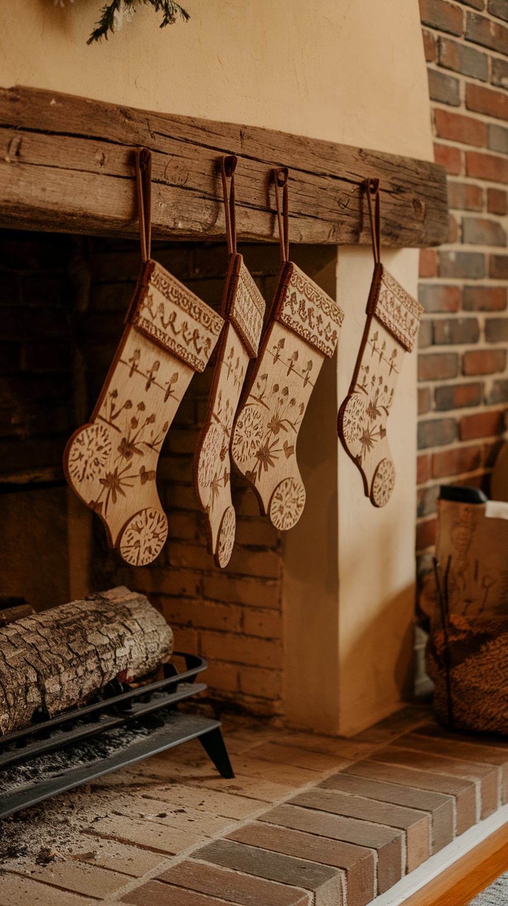 Handcrafted wooden stockings hanging from a rustic mantle